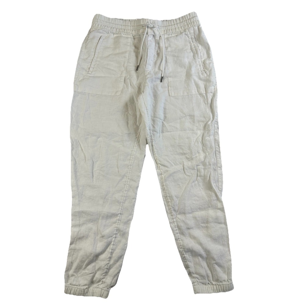Athleta Women Linen Jogger Pant White Elastic Waist Drawstring Travel Beach Sz12